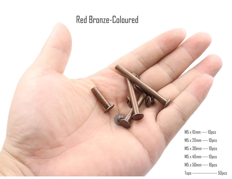 LBY 100pcs Phillips Chicago Screws, M5 x 10/20/30/40/50mm Binding Screw Posts, Binding Barrels and Screws Assortment Kit for Leather Saddles, Purses, Belt Repair, Plating (Red Bronze-Coloured) ﻿ - Image 3
